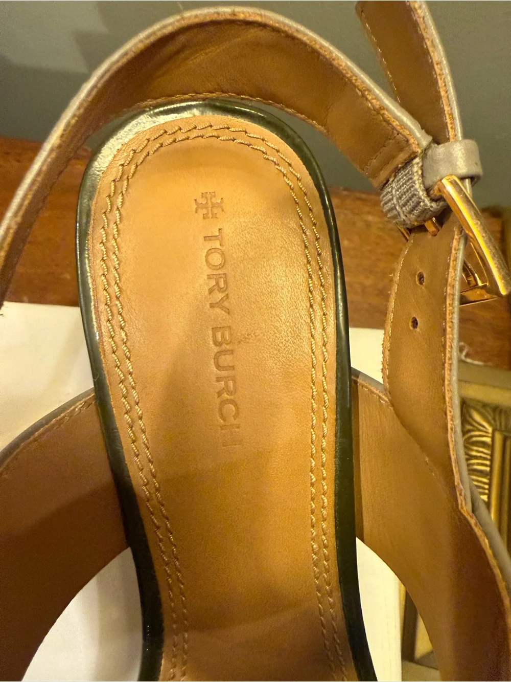 Tory Burch Gigi T Slingback Block Heel Sandals Gray Heron Taupe Leather Size 7
